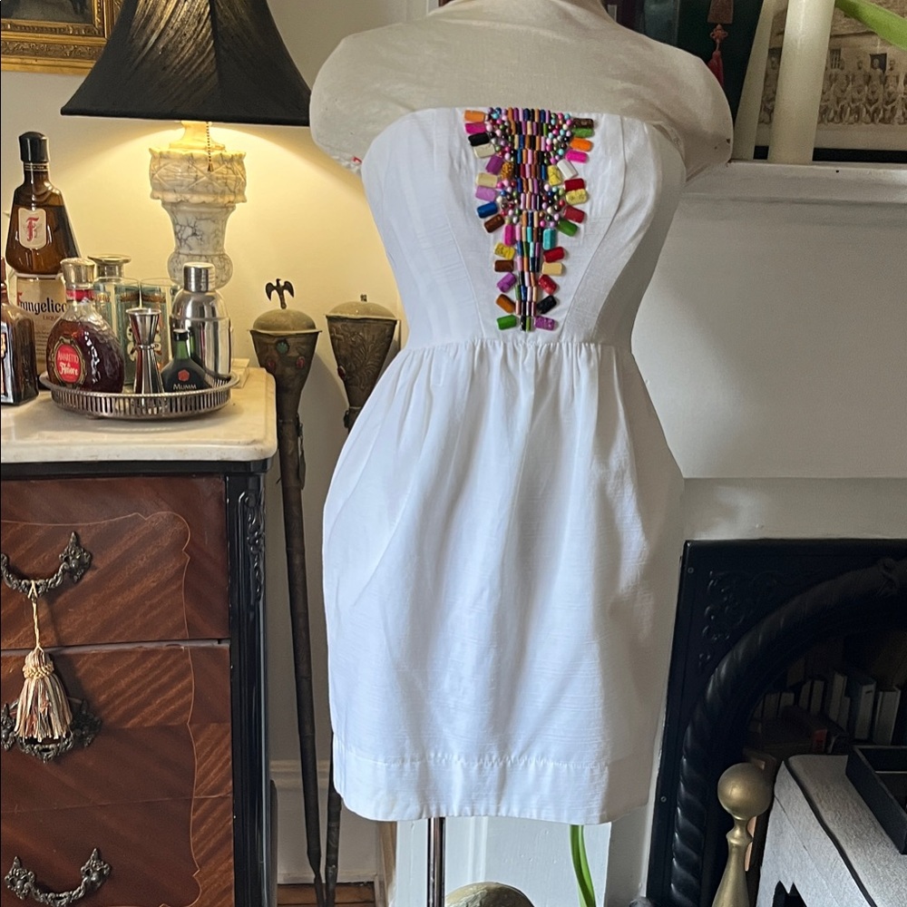 Shoshanna White Strapless Dress with Multicolor Embellishments size 2